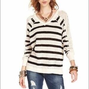 FREE PEOPLE Womens Crochet Sleeve Oversized Striped Pullover Knit Sweater Top